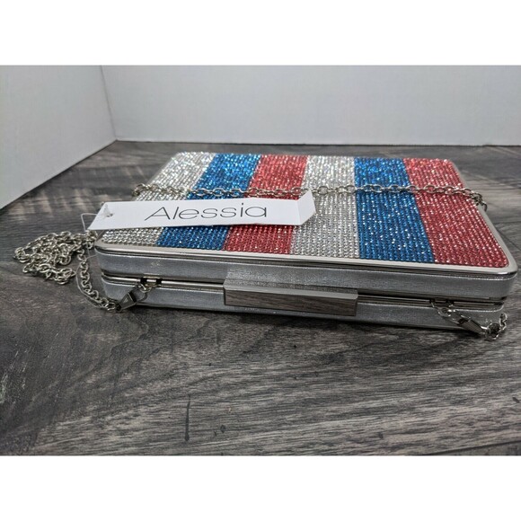 Alessia Red White Blue Stripe Rhinestone Crossbody Chain Clutch Bag USA NWT - Picture 6 of 9